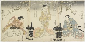 Nakamura Gennosuke en tant que Suketsune, Segawa Kikunojo en tant que Femme de Suketsune, Iwai Hanshiro en tant que Hakuo_maru (Scène de la Pièce de Kabuki Basée sur l